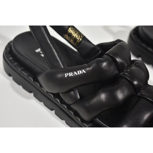 Prada Blow Black Padded Leather Logo Strappy Slingback Sport Sandal Flat 39.5 - Picture 5 of 12
